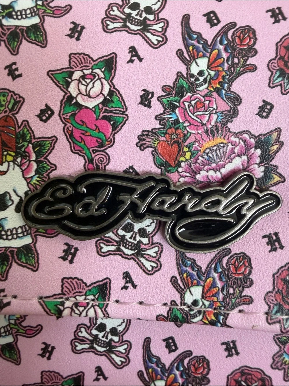 ED HARDY pink floral skull trifold wallet NWT tattoo